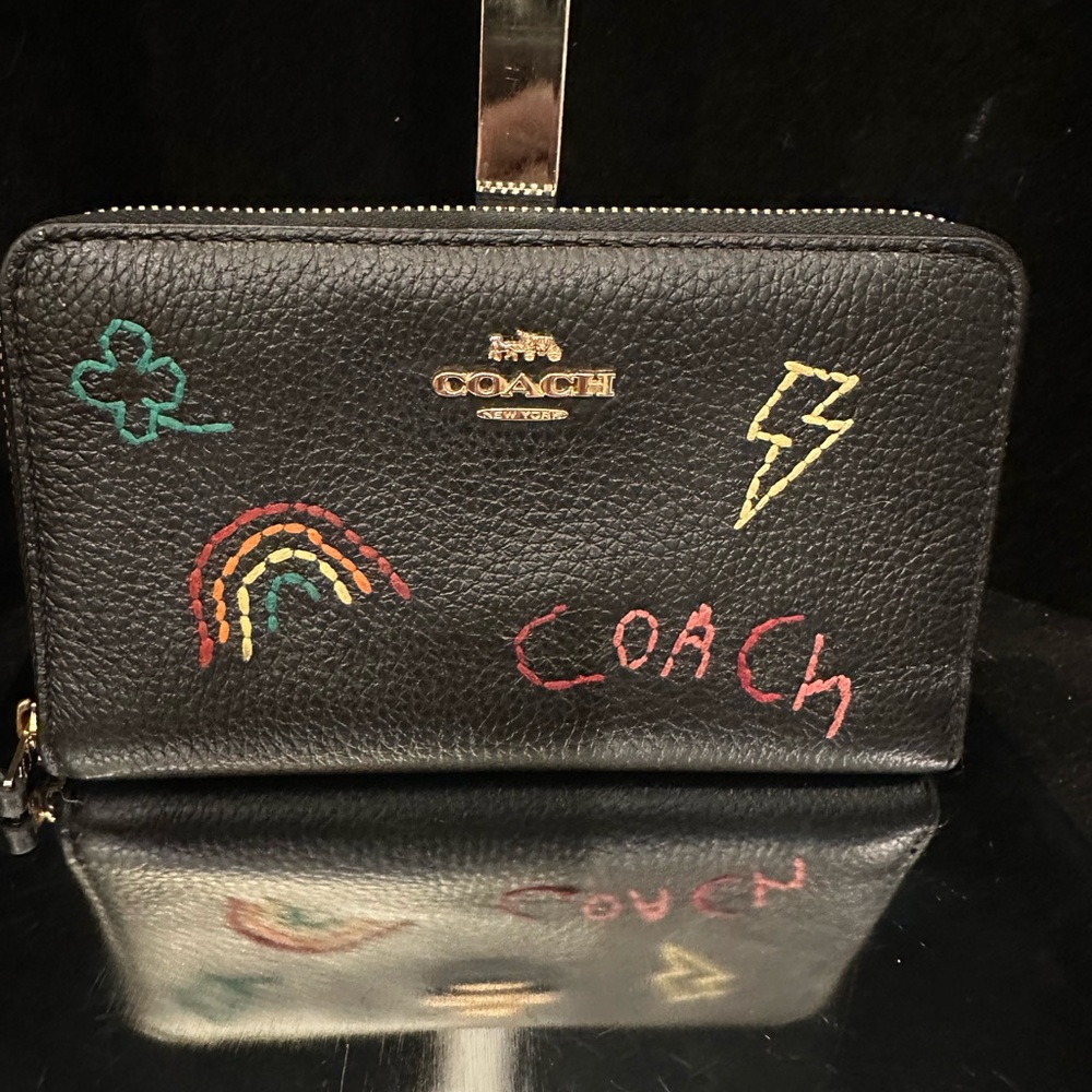 Coach DIARY Black Leather Zip Wallet with Multicolor Embroidered Motifs